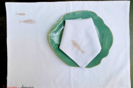 Placemat & Napkin set - Beige fish embroidery
